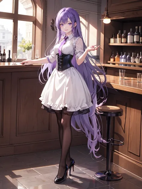 purple,(((long hair))),woman,Bartender,corset,shirt,(Roll up your sleeves)tiehigh heels,all,simple background,smile,whole body,full body,full body,Standing picture,vtuber,upright,,look forward to,body facing forward