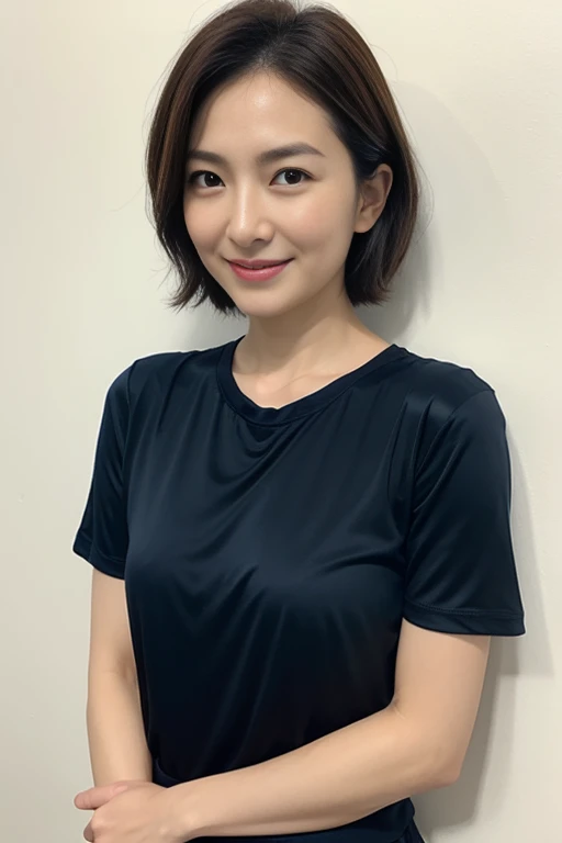 Female in her 30s, very short hair, Face without makeup, silky white skin, sexy, thin waist, navy blue T-Shirt, white wall in background