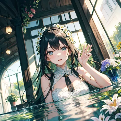 The combination of women and flowers，Colorful，dream，conservatory，glass building，water surface，((Ultra-high detail))，a girl，There are many flowers on the body，dynamic poses，looking into camera，As if he had something to say，best picture