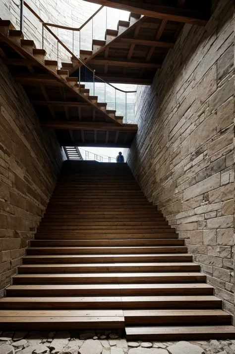 image of an immense very long wooden staircase, broken with one or another stone block crossing the pass, without a step, that reflects the danger of climbing that staircase and 3 student children with white overalls and backpacks on the first step and one...