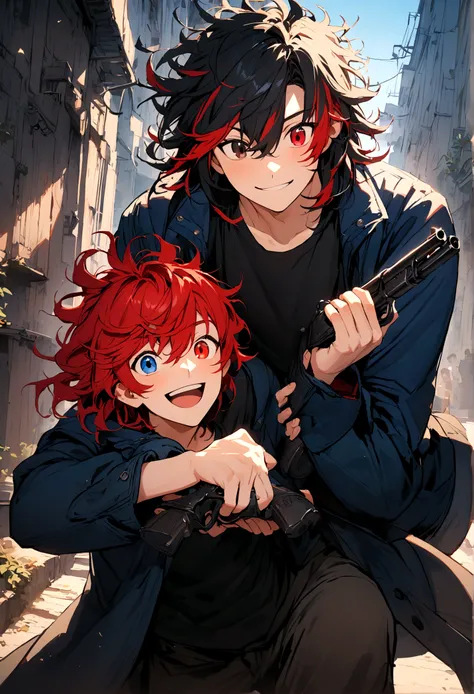 Teenage boy, Messy hair, medium length hair, multicolored black and red hair, black and red eyes heterochromia, excited smile, loose black shirt, black and blue coat, carrying two shotguns, one in each hand, 