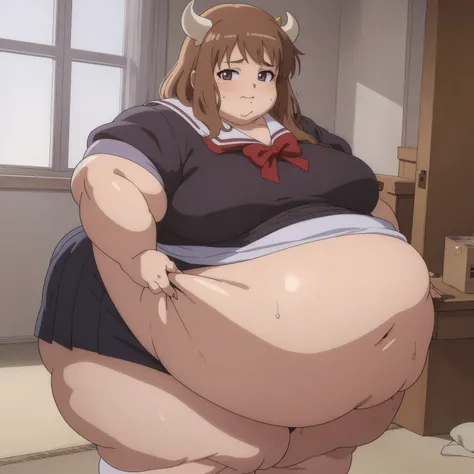 (solo:2), (masterpiece:2), (anime:1.75), girl, (brown hair, long hairstyle), (morbidly obese), (realistic body, physical fat), obesity, fat, cellulite, flabby, heavy  , soft, large, (cow horns), (cow clothes, cow stockings, cow bell on the neck, many detai...