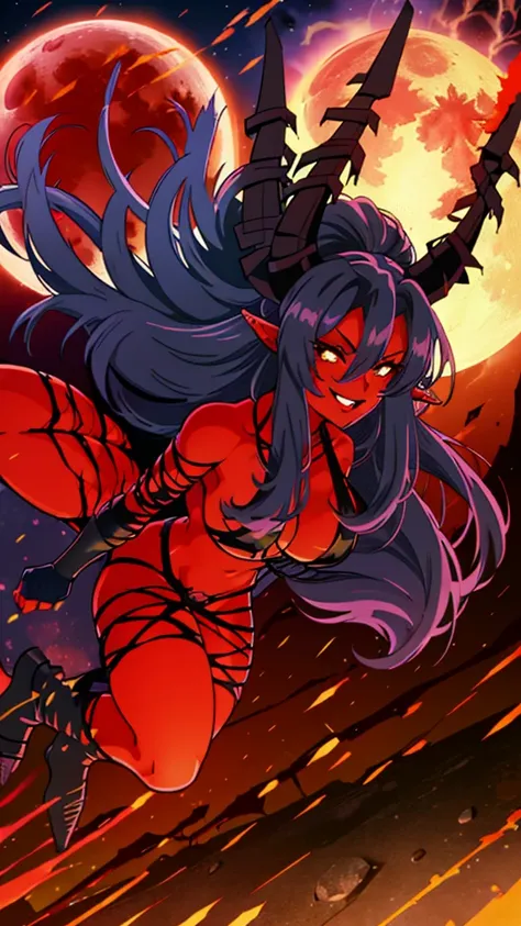 1girl,adult,fit,30s,solo,sensual,black armor,cleavage,pointy ears,black hair,long hair,(((red skin,colored skin))),night,moon,flying,evil smile,dynamic pose, horns,fire magic,attacking,red moon