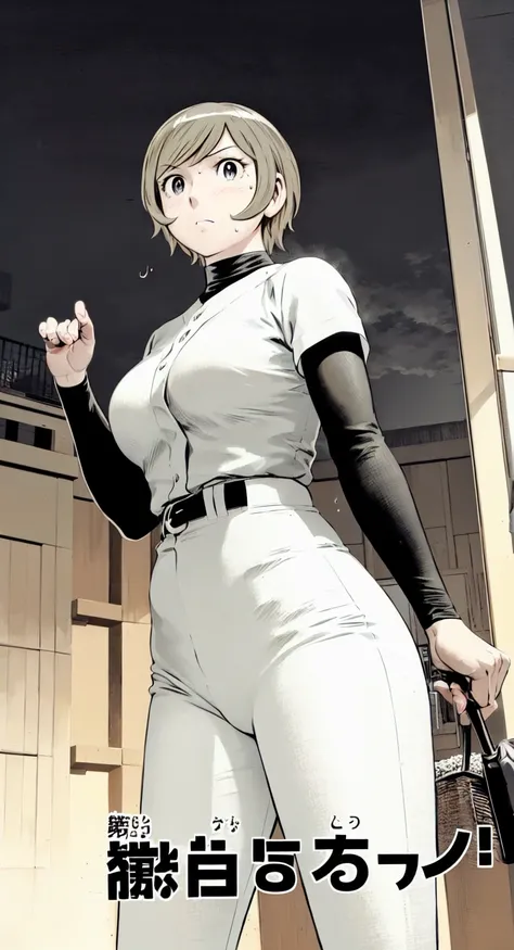 (野球uniform:1.2),
Blonde Hair, (short hair:1.2),Long sleeve, Black Shirt, turtleneck,White trousers、uniform、Black belt、((Illustration of people))、Big Boobs、
View Audience,, (Highest quality:1.3),One Girl, White pants、uniform、Outdoor、baseball ground、ground、s...