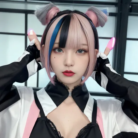 Money, black, Light blue, シルバーとPink Hair、Multicolored Hair、Realistic, High resolution, Heterochromia eyes, small moles under eyes、Bobcut、Blunt bangs、Lucy(cyber punk), One Girl, Hair Scrunchie, Hime cut, Silver Hair, Color Chip, full moon, grey  eyes, White...