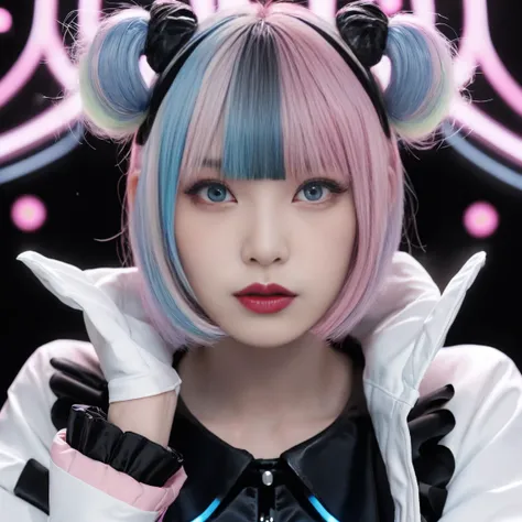 Money, black, Light blue, シルバーとPink Hair、Multicolored Hair、Realistic, High resolution, Heterochromia eyes, small moles under eyes、Bobcut、Blunt bangs、Lucy(cyber punk), One Girl, Hair Scrunchie, Hime cut, Silver Hair, Color Chip, full moon, grey  eyes, White...