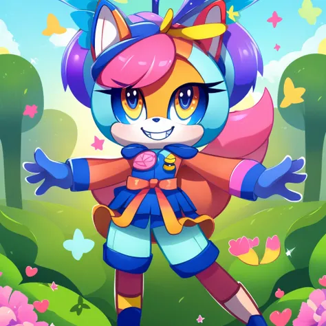 Design a cute and crazy anime-style mascot character. It should have large, sparkly eyes, a mischievous grin, and vibrant, colorful hair. The outfit should be playful and whimsical, with bright colors like pink, blue, and yellow. Add fun details like a wav...