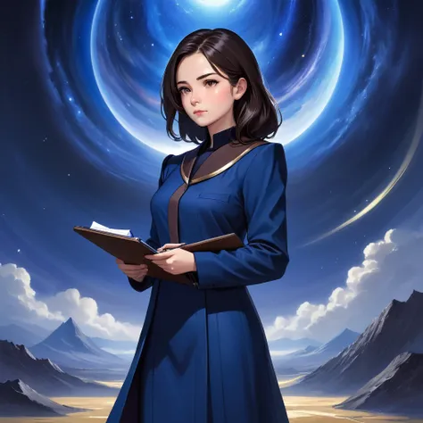 A Severe Judges loyal Assistant with a clipboard in hand, a meticulous young woman, embodying precision and diligence, stands erect in a serene cosmic landscape. She wears a professional dark blue attires. She has dark brown hair, severe expression, holdin...