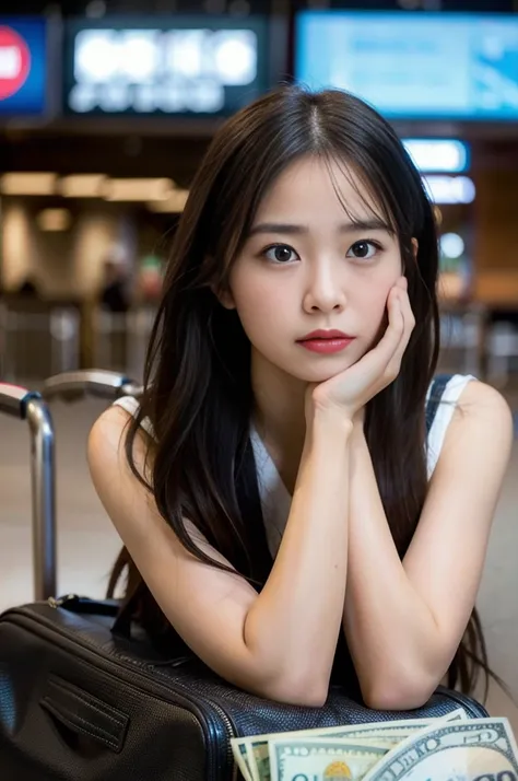 A beautiful young woman looking directly at the camera with a worried expression, her hand on her forehead in a gesture of distress. She is sitting at an airport or in a hotel room, surrounded by foreign currency and travel items. Her eyes convey a mix of ...