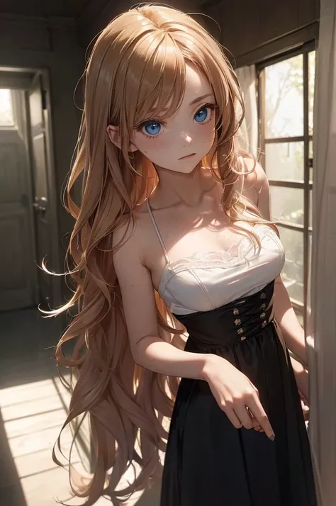 ((1 Female, 1 person, Solitary) Alice,  Humanity, Long curly blond hair, blue eyes, freckle, teenager, 18 years, Rebirth_ongoing) (Main Part, Super detailed, 8K, (HD, Sunlight:0.5, Soft_shadow:0.5, atmosphere_light, 8K, 4K, Surrealism, elegant, ((((Appeara...