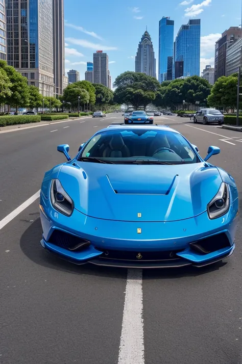 A blue Ferrari car is park in the city , so many tall buildings, a blue sky 