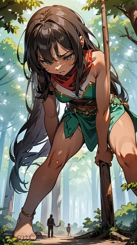 In a forest of large trees there is an even larger Amazonian giantess, with brown skin, black hair, thin, with clothes of the forest, and with very long legs, she is looking for small human invaders of the forest to destroy them so that they do not disturb...