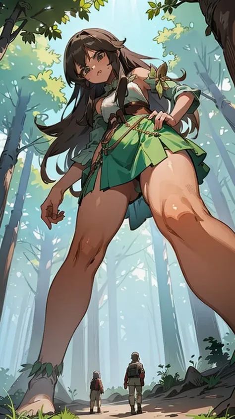 In a forest of large trees there is an even larger Amazonian giantess, with brown skin, black hair, thin, with clothes of the forest, and with very long legs, she is looking for small human invaders of the forest to destroy them so that they do not disturb...