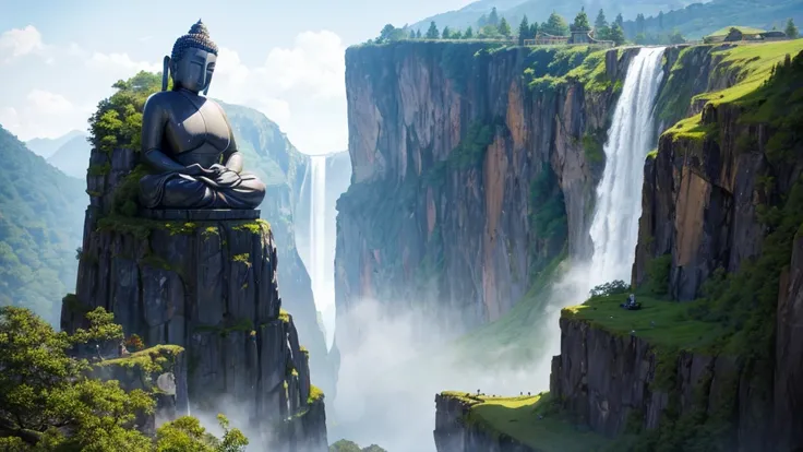 a large statue of a seated figure, looks like Buddha, is placed on a circular platform on a large rock surrounded by verdant landscape and steep cliffs. A waterfall can be seen on the left side in the background. Fog or low clouds cover the lower part of t...