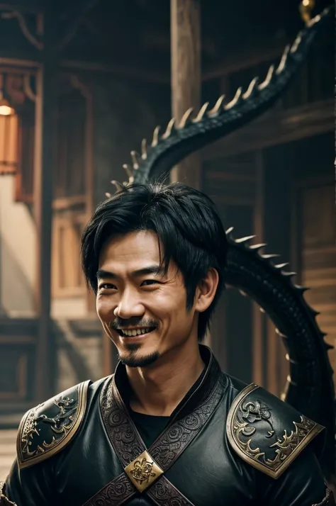 A guy with a dragons tail and dragons ears, black hair, Tuan Tus face, with a cold smile