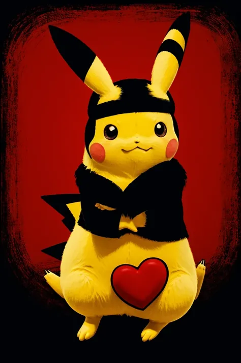 Pikachu with a red heart and black background