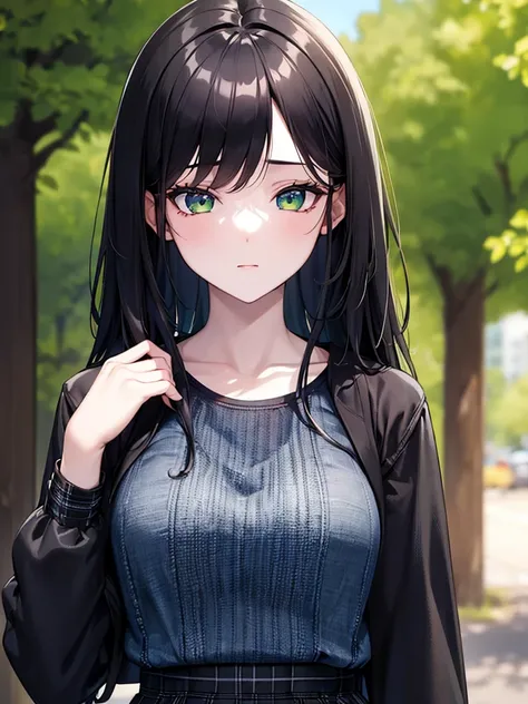 (8K, Best Quality, Masterpiece, Ultra High Resolution) 1 Girl, Woman, Beautiful Eyes, Face Details, Dark Black Hair, Long Hair, Green Eyes, Pale Skin, Black Shirt, Denim Jacket, Plaid Skirt, Cafe, Tokyo, Best Quality, Upper Body, Looking at the Viewer, Fac...