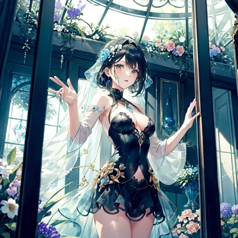 The combination of women and flowers，Colorful，dream，conservatory，((All are made of glass))，((crystal))，water surface，((Ultra-high detail))，a girl，There are many flowers on the body，dynamic poses，looking into camera，As if he had something to say，best pictur...