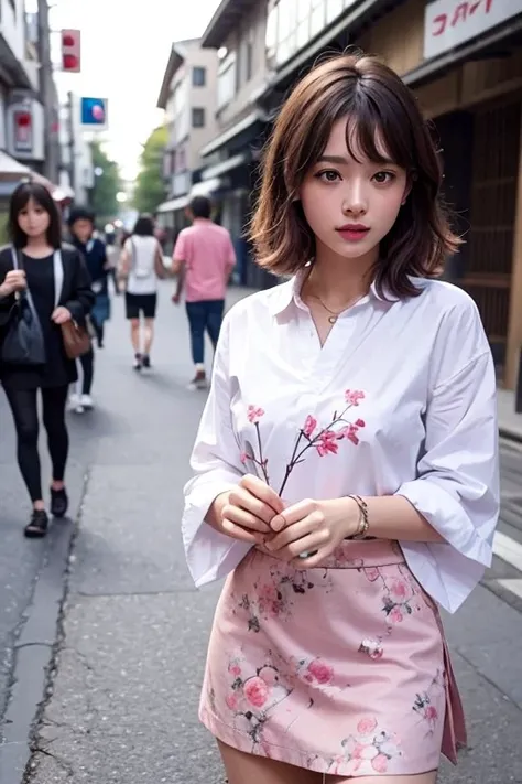 The girl is in the streets of Japan, where is the season of recess trees with pink petals