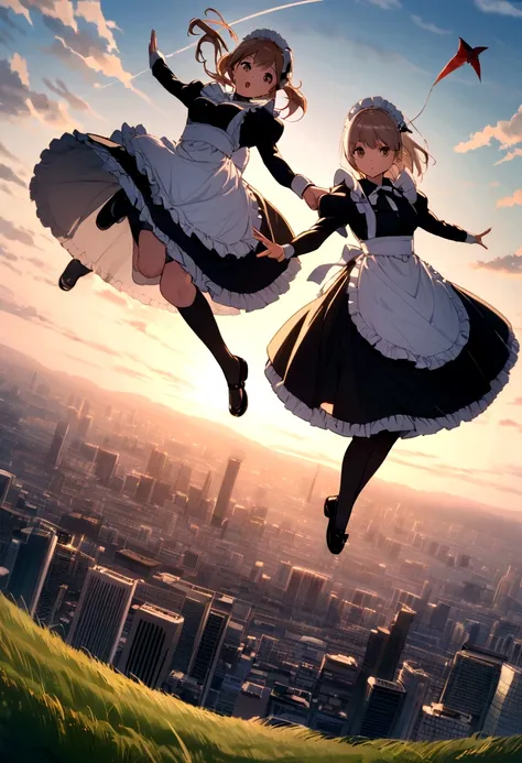 City、走るようなJump、Running pose、Masterpiece、Landscapeの、Landscape、Landscapeのメイド、ビルの上をJump、From Lawn Angle、Maid clothes、beautiful girl、Maid Costume、Frills fluttering in the wind、ビルの合間をJumpする、there is a man that is Jumping in the air with a kite, Leap into the ai...