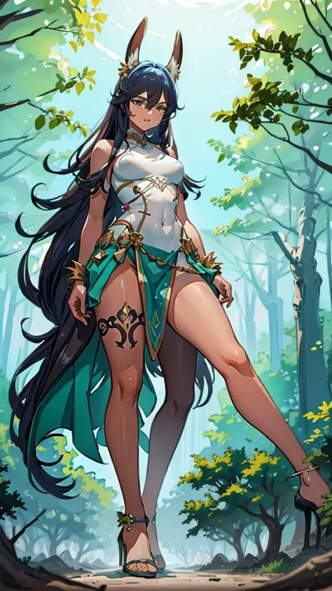 In a forest of large trees there is an even larger Amazonian giantess, with brown skin, black hair, thin, with clothes of the forest, and with very long legs, she is looking for small human invaders of the forest to destroy them so that they do not disturb...