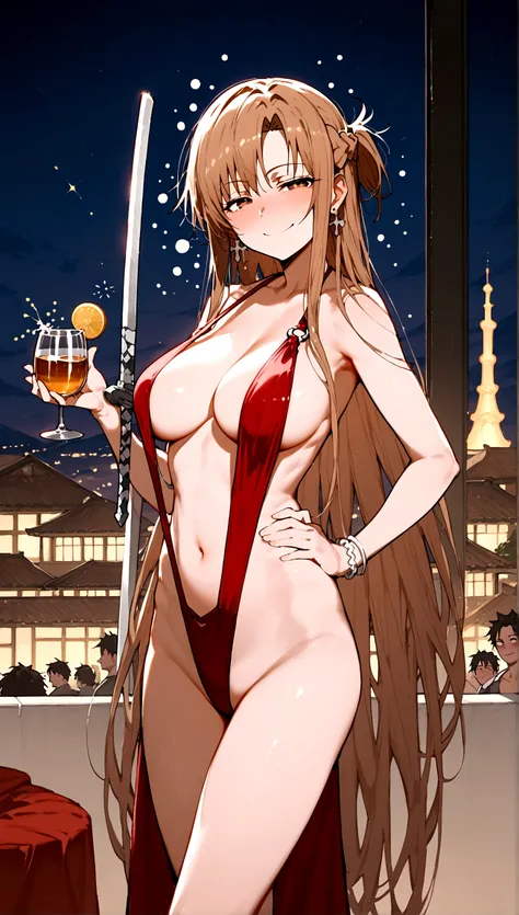 score_9,score_8_up,score_7_up,18 year old,female focus,1girl,asuna (sao-alo), sword art online,yuuki asuna,nsfw,brown eyes, brown hair, long hair, bangs, braid,standing,legs up,hand on hip, holding cup,(drunk-smirk),blush,large breasts,brown hair,parted ha...