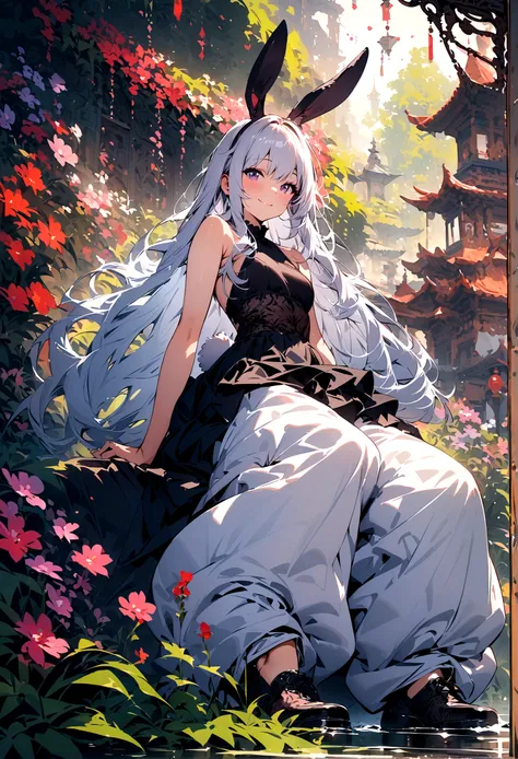 (Lovely,hairy,Rabbit ears,Silver Hair,Long hair,Baggy pants,Tail,Smile)，Beautiful nature, rest，masterpiece,high resolution,top-quality