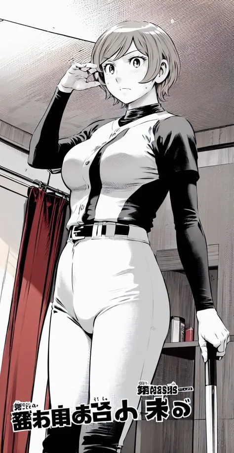 (野球uniform:1.2),
Blonde Hair, (short hair:1.2),Long sleeve, Black Shirt, turtleneck,White trousers、uniform、Black belt、((Illustration of people))、Big Boobs、
View Audience,, (Highest quality:1.3),One Girl, White pants、uniform、indoor、baseball 、White wall、blue...