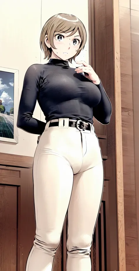 (野球uniform:1.2),
Blonde Hair, (short hair:1.2),Long sleeve, Black Shirt, turtleneck,White trousers、uniform、Black belt、((Illustration of people))、Big Boobs、
View Audience,, (Highest quality:1.3),One Girl, White pants、uniform、indoor、baseball 、White wall、blue...