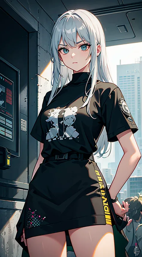 Upper body close-up, cyberpunk city, a girl standing in front of a wall with newspaper on the wall, silver hair, long hair, facial focus, black eyes, witty and beautiful facial features, green print t-shirt, apricot skirt, split long skirt, embroidery patt...