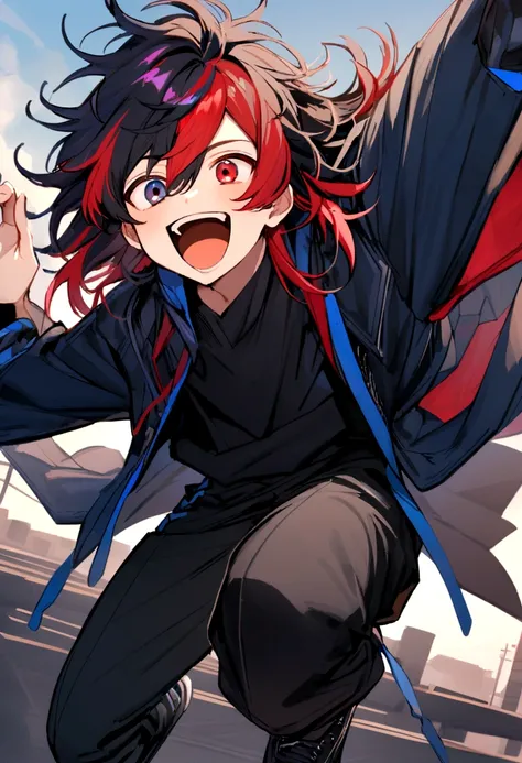 Teenage boy, Messy hair, medium length hair, multicolored black and red hair, black and red eyes heterochromia, excited smile, loose black shirt, black and blue coat, baggy black pants with blue details, a pair of black shoes 