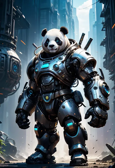 a giant adult-faced furry panda in robot armor, highy detailed, drawn image, complex machinery, futuristic design, glare eyes, dynamic pose, dramatic lighting, swirly vibrant colors, film composition, (best qualityer, 4K, 8K, high resolution, Masterpiece a...