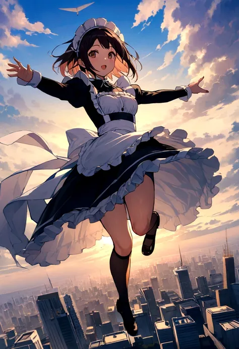 City、走るようなJump、Running pose、Masterpiece、Landscapeの、Landscape、Landscapeのメイド、ビルの上をJump、From Lawn Angle、Maid clothes、beautiful girl、Maid Costume、Frills fluttering in the wind、ビルの合間をJumpする、there is a man that is Jumping in the air with a kite, Leap into the ai...