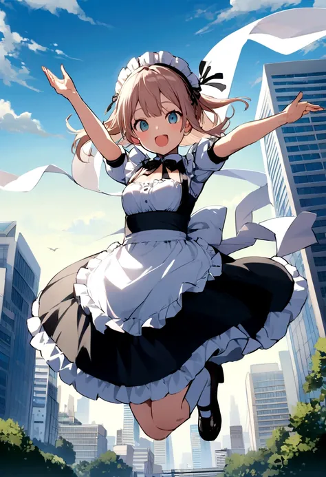 City、走るようなJump、Running pose、Masterpiece、Landscapeの、Landscape、Landscapeのメイド、ビルの上をJump、From Lawn Angle、Maid clothes、beautiful girl、Maid Costume、Frills fluttering in the wind、ビルの合間をJumpする、there is a man that is Jumping in the air with a kite, Leap into the ai...