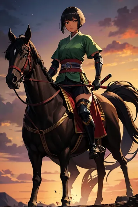 Anime Art、Full body portrait、Warlords of the Three Kingdoms、A dark-skinned woman of about 25 years old, around 150cm tall, wearing dark green clothing, riding a large horse and holding a naginata in her hand.、Condescending smile、Short medium hairstyle、Blac...