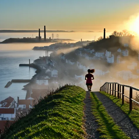 a woman running on a steep hill road in a foggy countryside town at sunrise, distant and close-up views, chimneys with smoke in ...