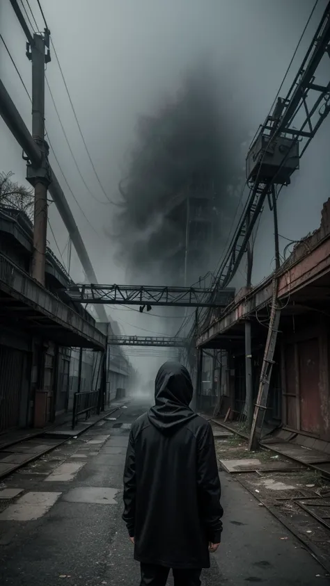 man in loose, lightweight black clothing, wearing a prominently visible balaclava, hanging by one hand from a decrepit roller coaster track, gazing into the foggy distance, rusted structure and tangled vines, eerie atmosphere, sense of mystery and solitude...