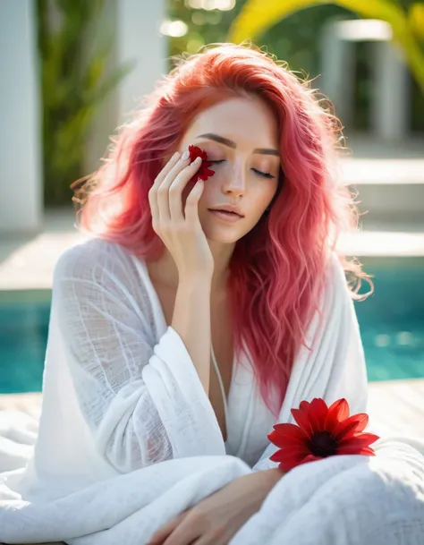 beautiful woman with long pink hair wearing( a white blanket blouse), with a red flower in front of her covering one eye and part of her face, natural sunlight,sitting in outside the pool of Maldives , light colors, bokeh style, in the style of ultrafine d...