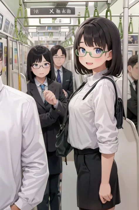 Highest quality, Super detailed, figure,
Multiple Girls, , Black Hair, Glasses, school bag, smile, Laughter, View your viewers, crowded train、Lots of schoolgirls、１man、A man stands behind a woman、A man is touching a womans ass、
e235, Inside the train, scene...