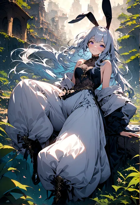 (Lovely,hairy,Rabbit ears,Silver Hair,Long hair,Baggy pants,Tail,Smile)，Beautiful nature, rest，masterpiece,high resolution,top-quality