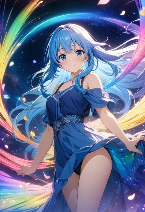 (wallpaper 8k CG), (masterpiece), (best quality), Anime style, masterpiece, long hair, girl, (smile), flower-petals rainbow-colored musical notes and stars flowing from her fluttering blue hair. The background is a galaxy, star, light, Top and bottom split