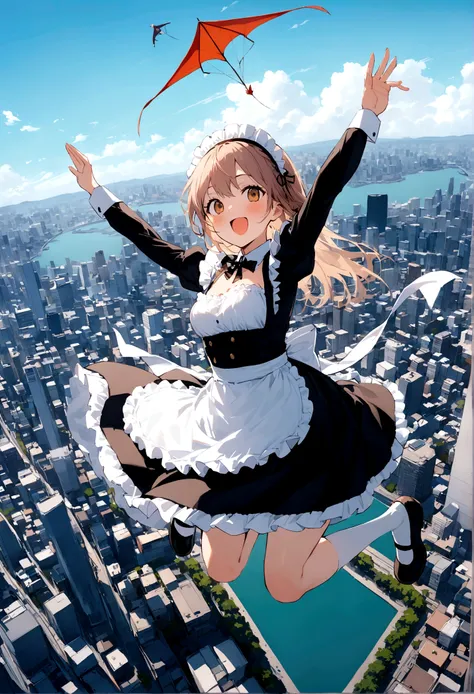 City、走るようなJump、Running pose、Masterpiece、Landscapeの、Landscape、Landscapeのメイド、ビルの上をJump、From Lawn Angle、Maid clothes、beautiful girl、Maid Costume、Frills fluttering in the wind、ビルの合間をJumpする、there is a man that is Jumping in the air with a kite, Leap into the ai...