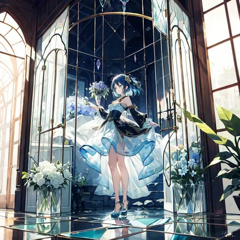 The combination of women and flowers，Colorful，dream，conservatory，(((All are made of glass)))，((crystal))，water surface，((Ultra-high detail))，a girl，There are many flowers on the body，dynamic poses，looking into camera，As if he had something to say，best pict...