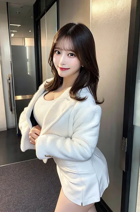 beauty secretary、office、Woman looking back、Woman looking up、Fluffy jacket、（Brown Eyes、Double eyelids、Sparkling Eyes、Very beautifully detailed eyes）、White suit、White short tight skirt、Cleavage（Very large breasts、Very thin and long legs、Perfect figure、High h...