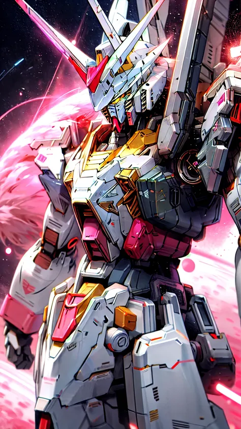 Real、high resolution、8K、The Strike Freedom Gundam stands in space emitting pink light particles.、Particles of light are emitted in all directions from the entire aircraft.、