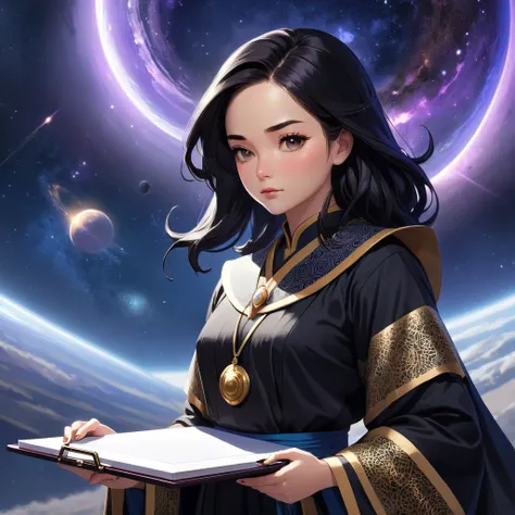 A Severe Judges loyal Assistant with a clipboard in hand, a severe and rigorous woman, embodying precision and diligence, stands erect in a serene cosmic landscape. She wears a traditional professional attires, its pristine black fabric exuding cleanliness...