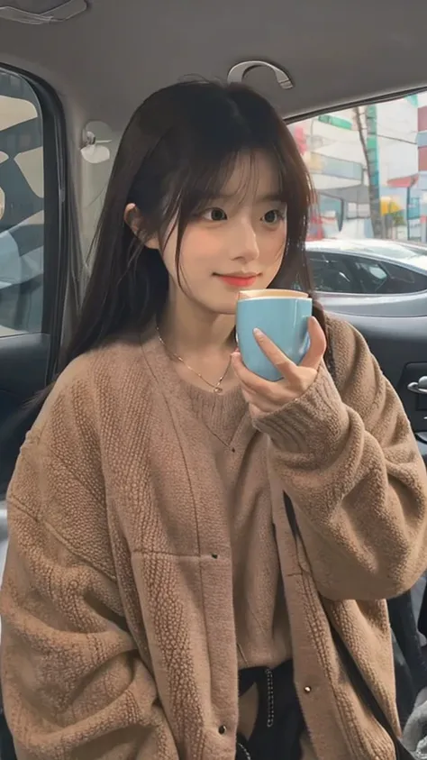 A Japanese girl in her 20s drinking coffee at a stylish cafe 