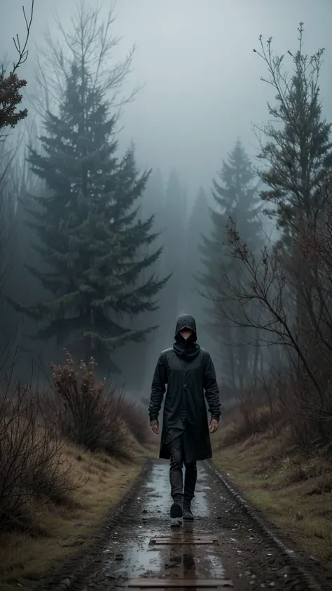 solitary figure in flowing lightweight black garments and a clearly visible balaclava, holding onto a rusted track with one hand, birds circling above, dense fog and overgrown vegetation, foggy ambiance, aura of mystery and loneliness, suspenseful and haun...