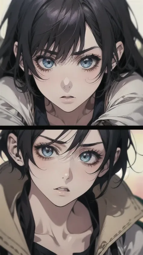 Anime girl with black hair and blue eyes looking at the camera, Attack on Titanより, (Attack on Titanアニメ), Close-up of a young anime girl, Young woman anime visual, Attack on Titan, Today&#39;s featured anime is still, Mikasa Ackerman, close!!!!!, Another cl...