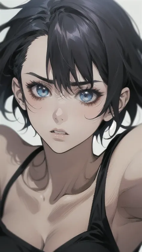 Anime girl with black hair and blue eyes looking at the camera, Attack on Titanより, (Attack on Titanアニメ), Close-up of a young anime girl, Young woman anime visual, Attack on Titan, Today&#39;s featured anime is still, Mikasa Ackerman, close!!!!!, Another cl...